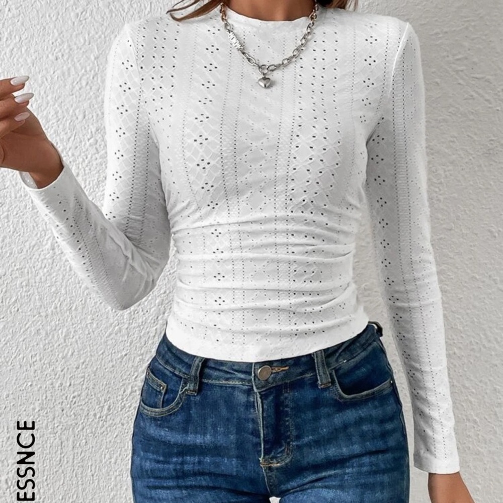 SHEIN White Eyelet Ruched Long Sleeve Top